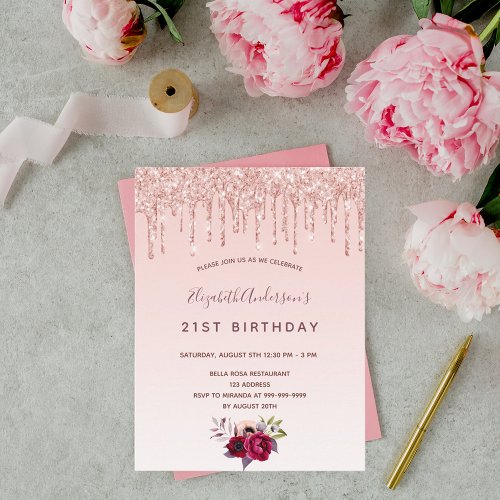 Birthday rose gold glitter blush pink invitation postcard