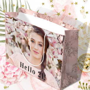 Birthday rose gold glitter custom photo floral large gift bag