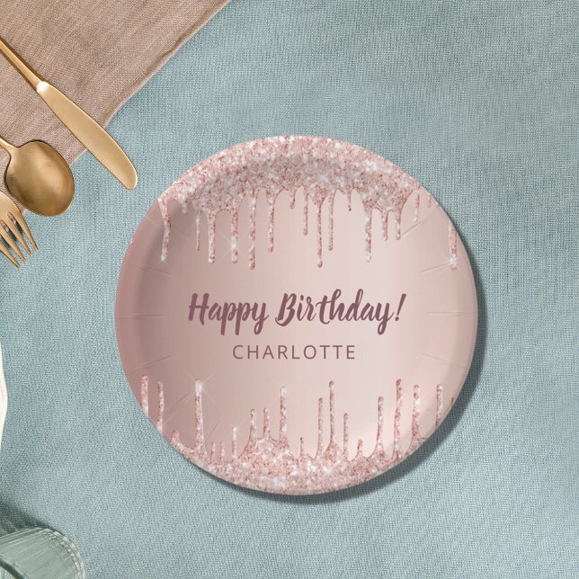 Birthday rose gold glitter drip monogram luxury paper plates (Creator Uploaded)