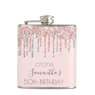 Birthday rose gold glitter dripping silver friends flask