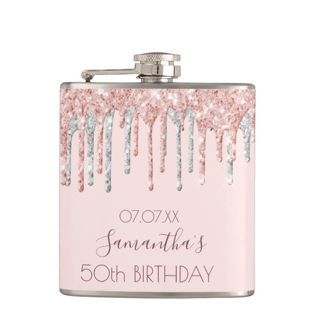 Birthday rose gold glitter dripping silver friends flask (Front)