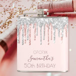 Birthday rose gold glitter dripping silver friends flask<br><div class="desc">A gift for a girly and glamorous 50th (or any age) birthday party. A light rose gold, pink background with elegant faux rose gold and silver glitter drips, paint drip look. The text: The name is written in dark rose gold with a large modern hand lettered style script. Personalize and...</div>