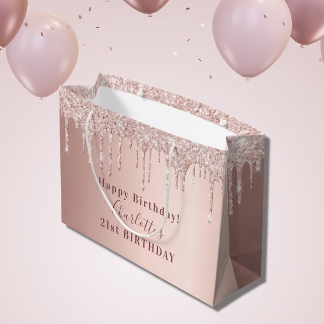 Birthday rose gold glitter drips blush monogram large gift bag (Creator Uploaded)