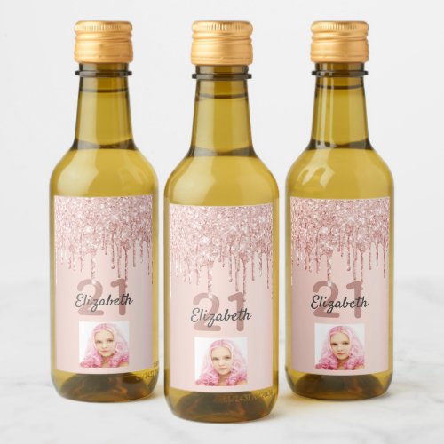Birthday rose gold glitter drips blush photo wine label