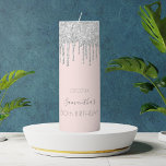 Birthday rose gold glitter drips blush silver pillar candle<br><div class="desc">A candle for a girly and glamorous 50th (or any age) birthday party. A light rose gold, pink background with elegant faux silver glitter drips, paint drip look. The text: The name is written in gray with a large modern hand lettered style script. Personalize and add a name, age 50...</div>