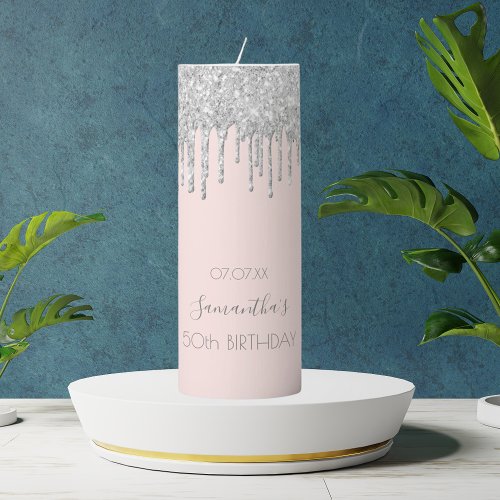 Birthday rose gold glitter drips blush silver pillar candle