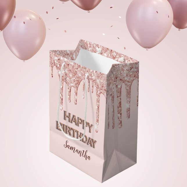 Birthday rose gold glitter drips monogram luxury medium gift bag (Creator Uploaded)