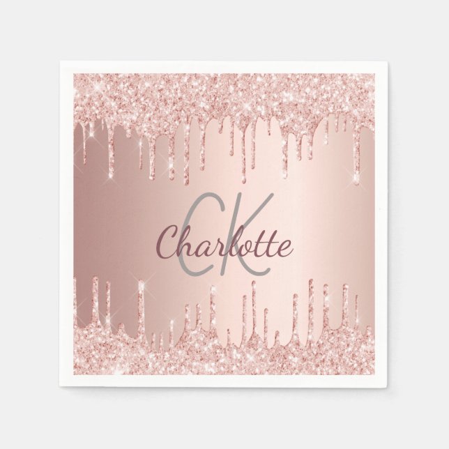 Birthday rose gold glitter drips monogram luxury napkins (Front)
