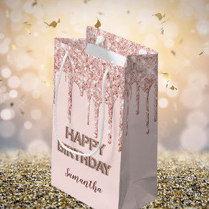 Birthday rose gold glitter drips monogram luxury small gift bag