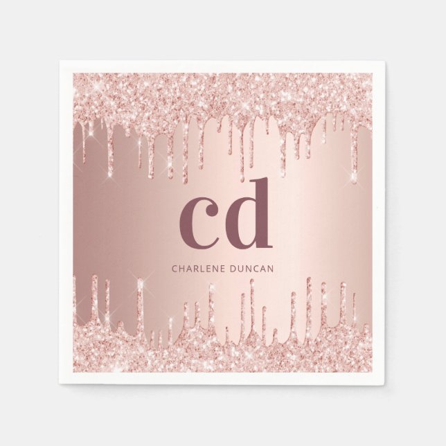 Birthday rose gold glitter drips monogram name napkins (Front)