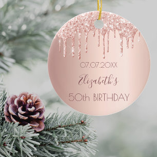 Birthday rose gold glitter drips pink 50 ceramic ornament