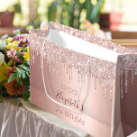 Birthday rose gold glitter drips pink girly large gift bag<br><div class="desc">A gift bag for a girly and glamorous 21st (or any age) birthday. A faux rose gold background with an elegant faux rose gold glitter drips, paint drip look. The text: The name is written in dark rose gold with a modern hand lettered style script. Tempate for a date and...</div>