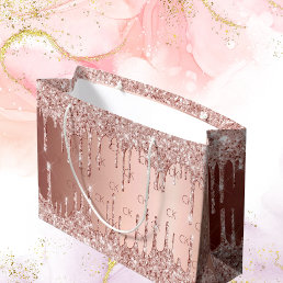 Birthday rose gold glitter drips pink monogram large gift bag
