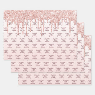 Birthday rose gold glitter drips pink monogram wrapping paper sheets