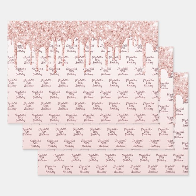 Birthday rose gold glitter drips pink monogram wrapping paper sheets (Set)
