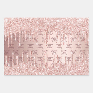 Birthday rose gold glitter drips pink monogram wrapping paper sheets