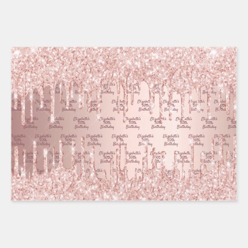 Birthday rose gold glitter drips pink monogram wrapping paper sheets