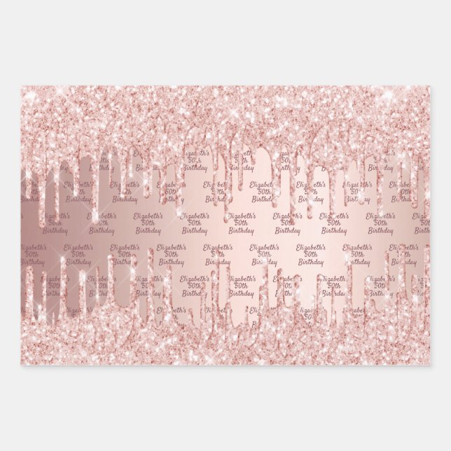 Birthday rose gold glitter drips pink monogram wrapping paper sheets (Front)