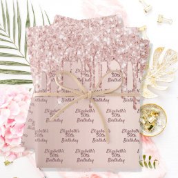Birthday rose gold glitter drips pink name wrapping paper sheets