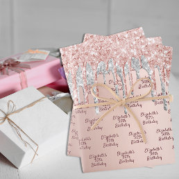 Birthday rose gold glitter drips pink silver wrapping paper sheets