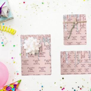 Birthday rose gold glitter drips pink silver wrapping paper sheets