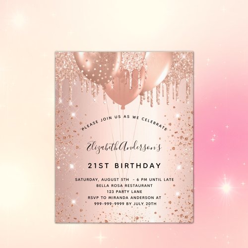 Birthday rose gold glitter dust balloons budget flyer