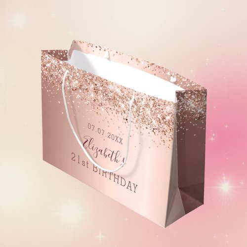 Birthday rose gold glitter dust blush name large gift bag