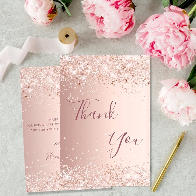 Birthday rose gold glitter dust thank you card (Creator Uploaded)