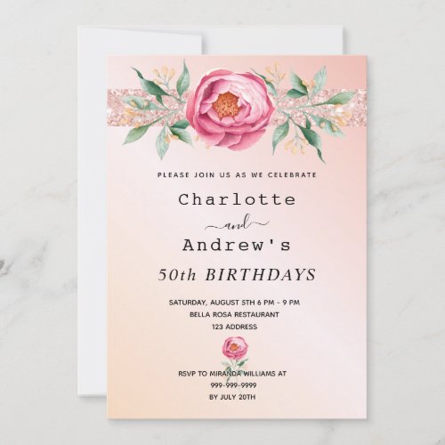 Birthday rose gold glitter floral two persons invitation