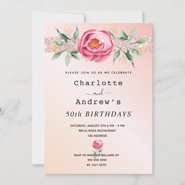 Birthday rose gold glitter floral two persons invitation (Front)