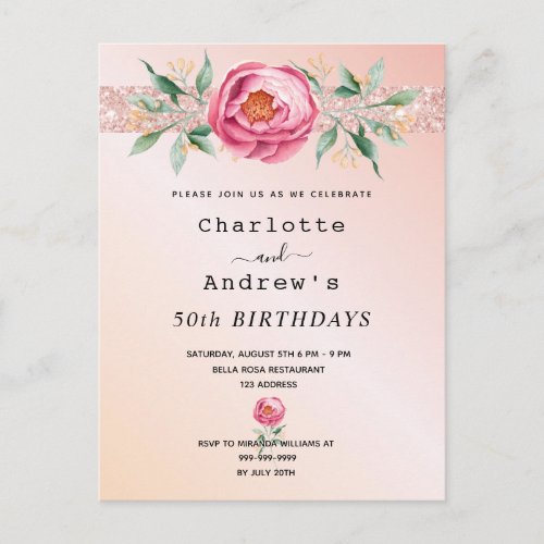 Birthday rose gold glitter floral two persons postcard