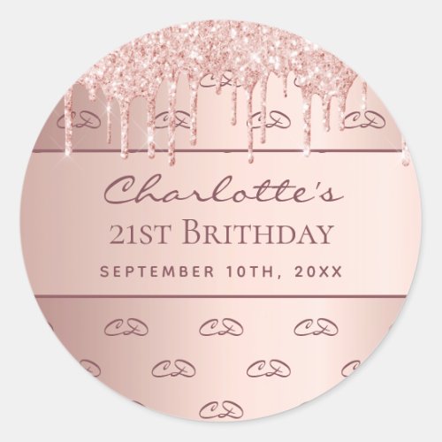 Birthday rose gold glitter monogram initial script classic round sticker