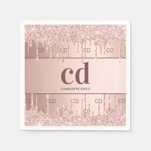 Birthday rose gold glitter monogram initials name  napkins