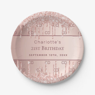 Birthday rose gold glitter monogram initials name paper plates