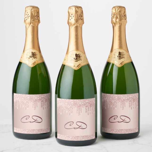 Birthday rose gold glitter monogram initials sparkling wine label (Bottles)