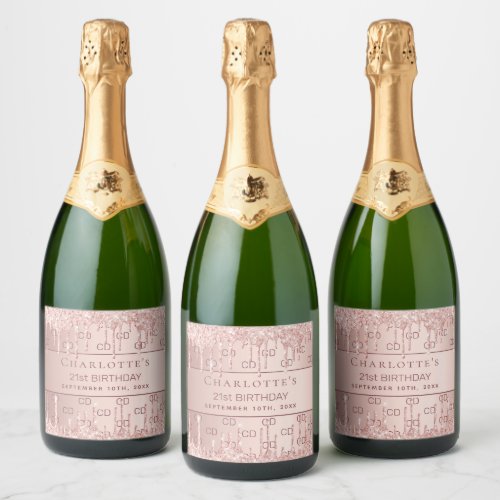 Birthday rose gold glitter monogram initials  sparkling wine label