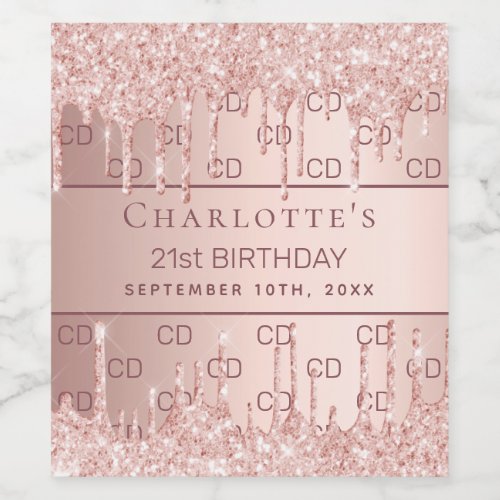 Birthday rose gold glitter monogram initials wine label