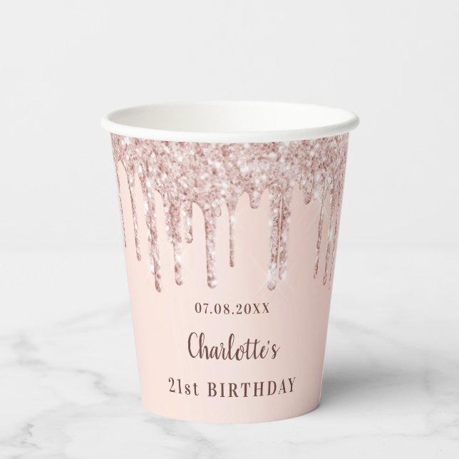 Birthday rose gold glitter monogram paper cups (Back)