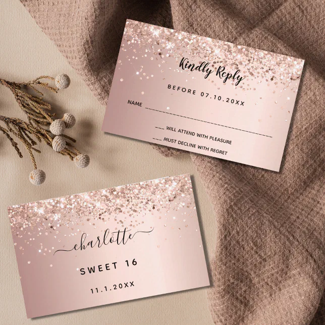 Birthday rose gold glitter party RSVP Enclosure Card | Zazzle