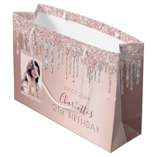 Birthday rose gold glitter photo pink silver name large gift bag