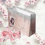Birthday rose gold glitter photo pink silver name large gift bag<br><div class="desc">A gift bag for a girly and glamorous 21st (or any age) birthday. A rose gold faux metallic looking background with rose gold, pink and faux silver glitter drips, paint dripping look. Personalize and add a date, name and age 21. The text: The name is written in dark rose gray...</div>