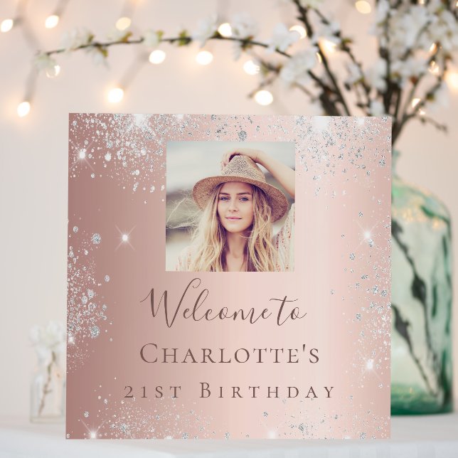 Birthday rose gold glitter photo silver welcome foam board (In Situ (Wedding))