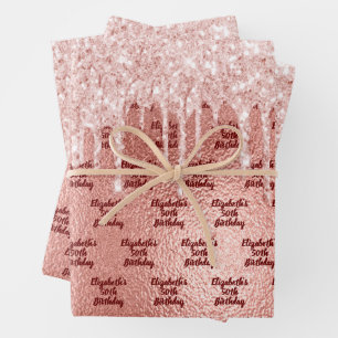Birthday rose gold glitter pink drips monogram wrapping paper sheets