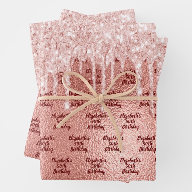 Birthday rose gold glitter pink drips monogram wrapping paper sheets (In situ)