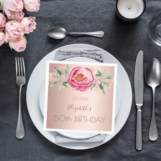 Birthday rose gold glitter pink florals napkins (Creator Uploaded)