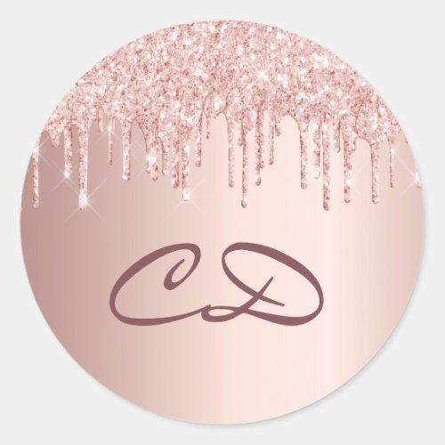 Birthday rose gold glitter pink monogram initials classic round sticker