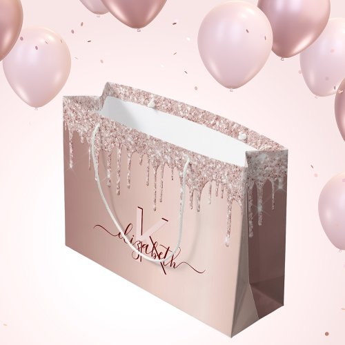 Birthday rose gold glitter pink monogram script large gift bag