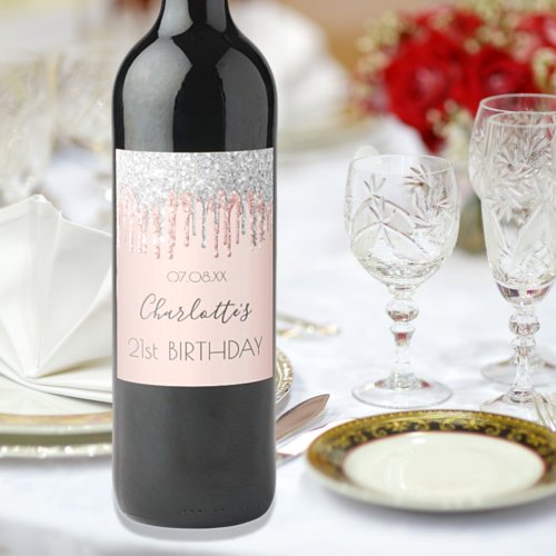 Birthday rose gold glitter pink silver name wine label