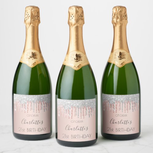 Birthday rose gold glitter pink silver sparkle sparkling wine label