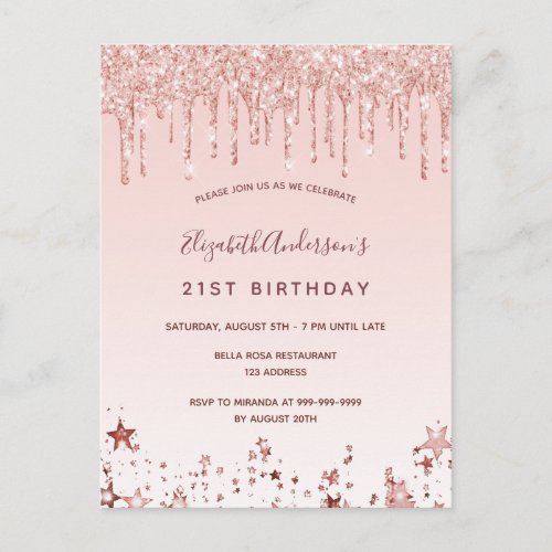 Birthday rose gold glitter pink stars invitation postcard